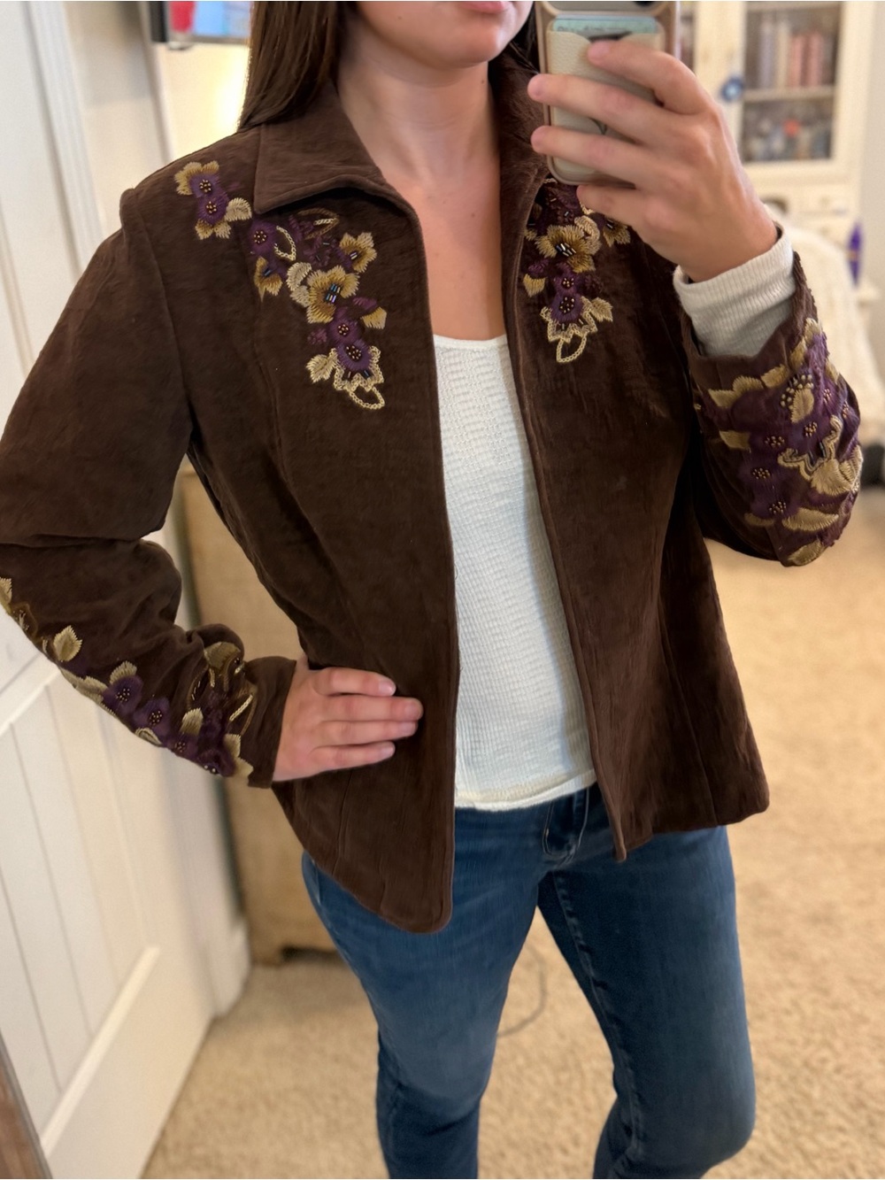 Coldwater Creek Brown Suede Jacket with Purple & Gold Floral Embroidery